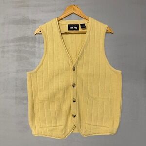 Vintage Woods & Gray Cardigan Vest Yellow Ribbed Knit Button Front Pockets Large